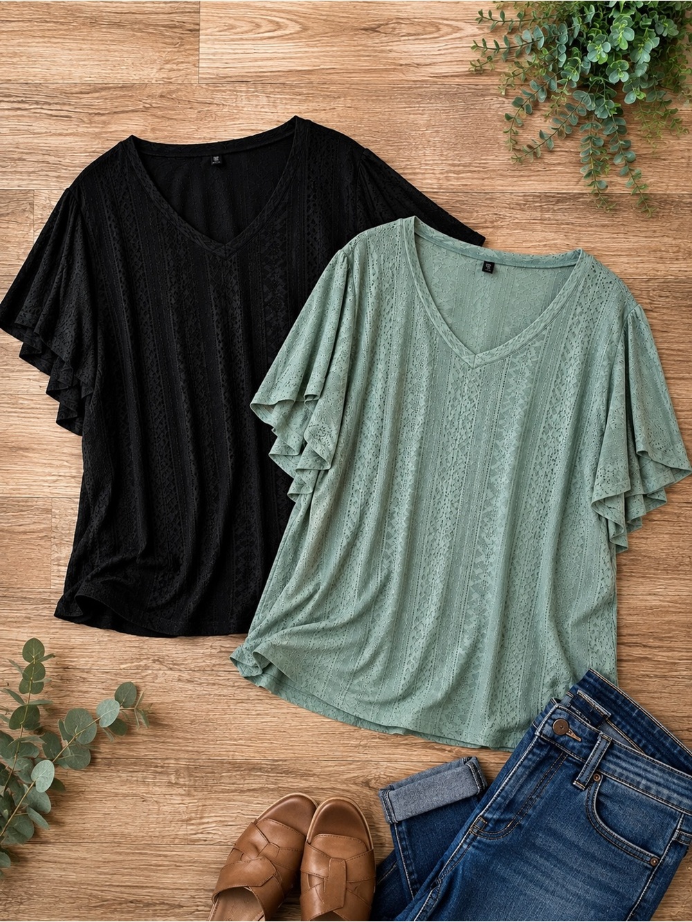 SHEIN Curve 3XL Eyelet Petal Sleeve Blouses Black Sage Green 2 Top Bundle
